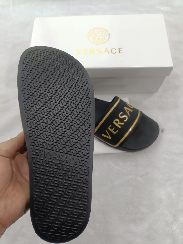 Versace Men’s Black Slide Sandals with Gold Logo Strap