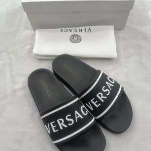 Versace Black Slide Sandals with Logo Comfortable Casual F