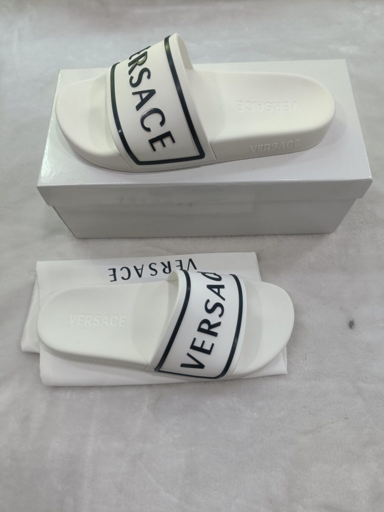 Versace White Slides with Logo Strap Luxury Casual Footwea