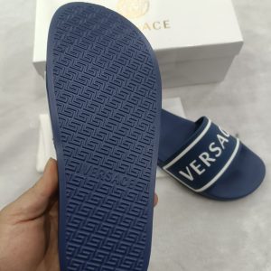 Versace Men's Blue Logo Slides Sandals Stylish Beach Footw