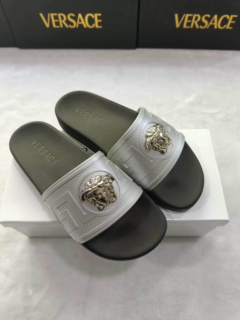 Versace Men’s Silver Slide Sandals with Medusa Logo