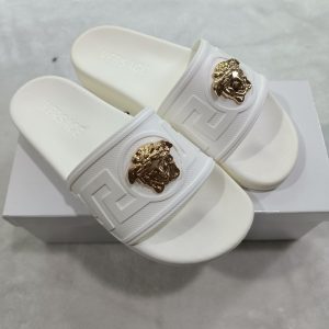 Versace White Slide Sandals with Gold Medusa Logo