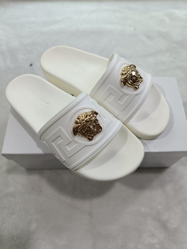 Versace White Slide Sandals with Gold Medusa Logo