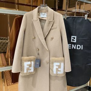 Fendi-Beige-Wool-Blend-Double-Breasted-Coat-with-Fur-Pockets