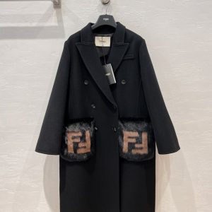 Fendi-Black-Wool-Blend-Double-Breasted-Coat-with-Faux-Fur-Po