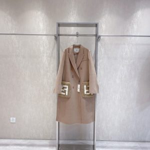 Fendi-Women's-Beige-Wool-Blend-Double-Breasted-Coat-with-Fur