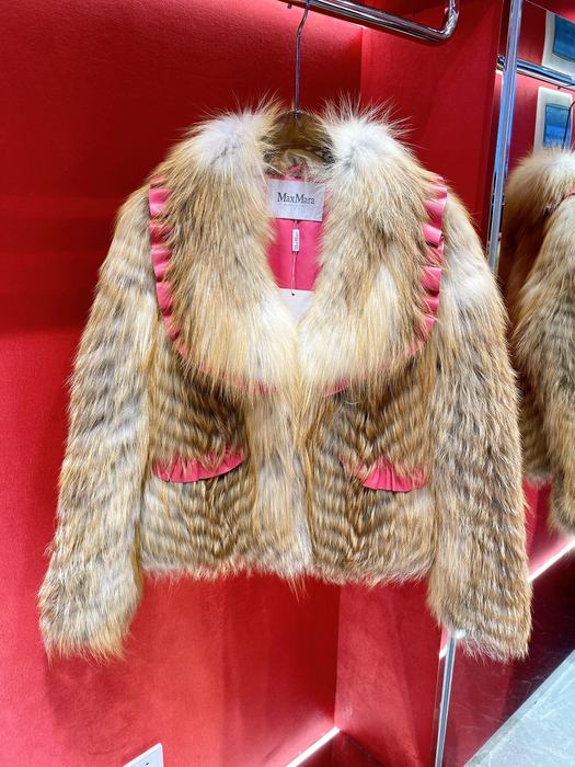 Max-Mara-Faux-Fur-Jacket-with-Pink-Trim-in-Brown-and-Beige
