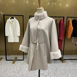 Women's-Beige-Wool-Blend-Cape-Coat-with-Fur-Trim