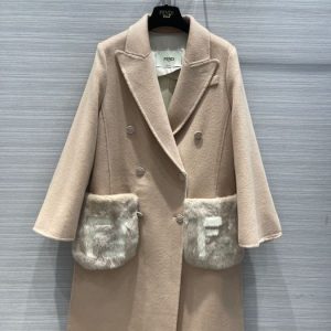 Fendi-Women's-Double-Breasted-Beige-Wool-Coat-with-Fur-Pocke