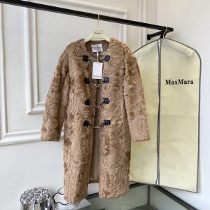 MaxMara-Beige-Faux-Fur-Coat-with-Toggle-Closure