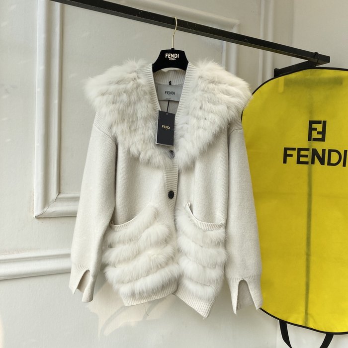 Fendi-Women’s-Cream-Knitted-Cardigan-with-Faux-Fur-Collar