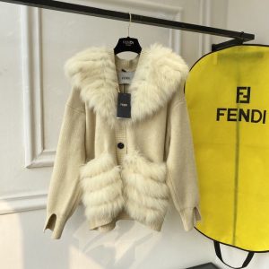 Fendi-Beige-Wool-Blend-Cardigan-with-Fur-Trim-and-Hood