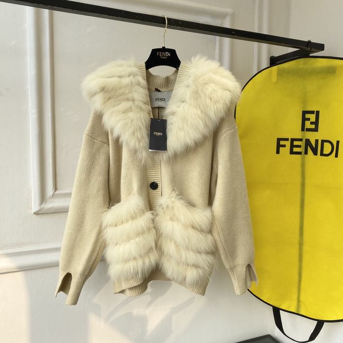 Fendi-Beige-Wool-Blend-Cardigan-with-Fur-Trim-and-Hood