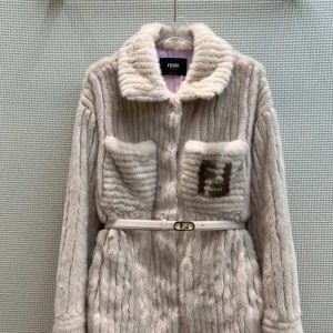 Fendi-Women's-Faux-Fur-Coat-in-Light-Beige-with-Logo-Detail
