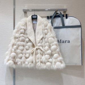 MaxMara-Women's-Cream-Faux-Fur-Coat-with-Belted-Closure