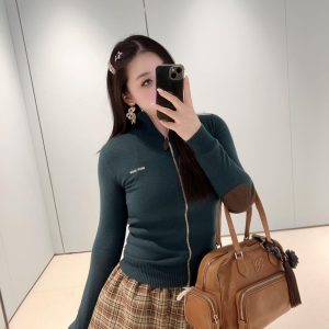 Women's-Green-Zip-Up-Sweater-and-Plaid-Skirt-Set-with-Brown