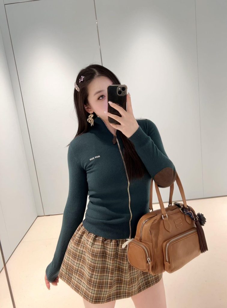 Women’s-Green-Zip-Up-Sweater-and-Plaid-Skirt-Set-with-Brown
