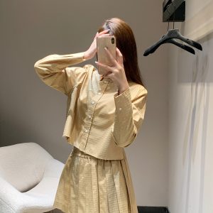 Beige-Pleated-Skirt-Set-with-Button-Up-Top-for-Women