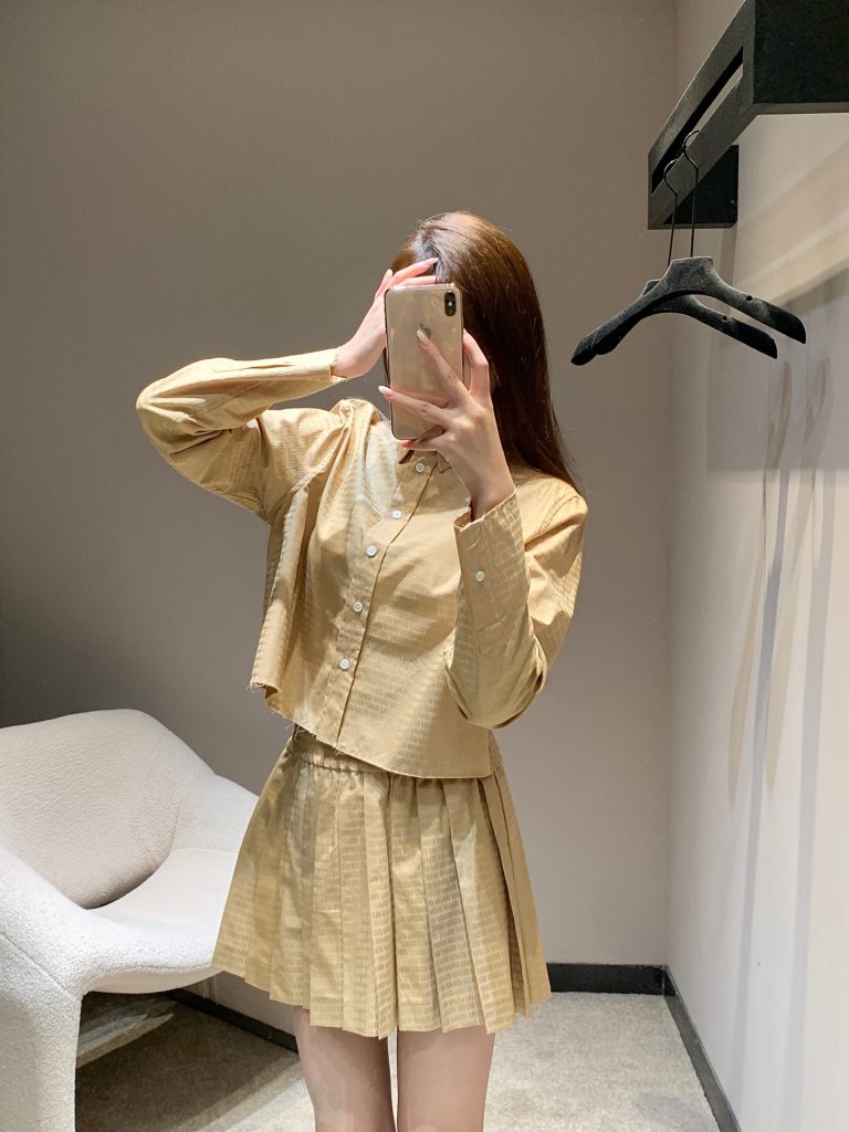 Beige-Pleated-Skirt-Set-with-Button-Up-Top-for-Women