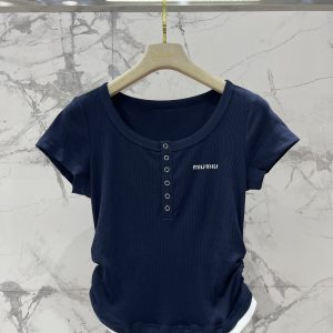 Miumiu-Women's-Navy-Blue-Ribbed-Short-Sleeve-Button-Tee