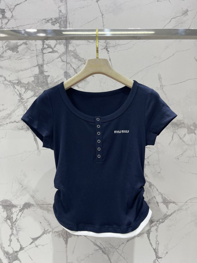 Miumiu-Women’s-Navy-Blue-Ribbed-Short-Sleeve-Button-Tee