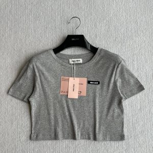Miu-Miu-Women's-Grey-Cropped-T-Shirt-with-Logo-Graphic