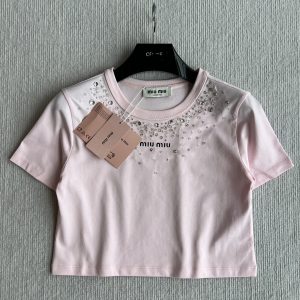 Miu-Miu-Women's-Pink-Cropped-T-Shirt-with-Rhinestones