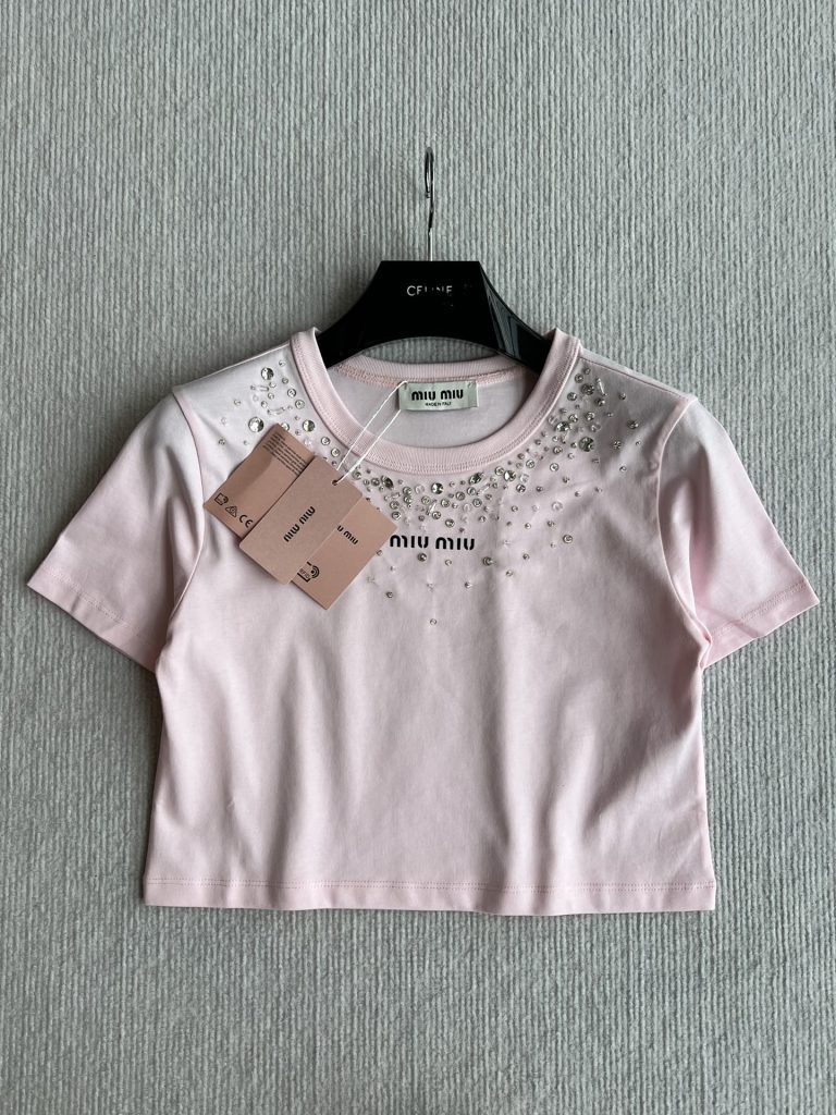 Miu-Miu-Women’s-Pink-Cropped-T-Shirt-with-Rhinestones