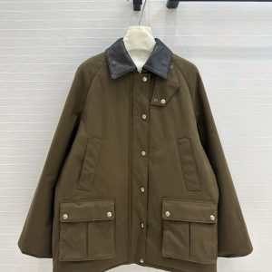 Olive-Green-Cotton-Blend-Jacket-with-Leather-Collar-and-Pock