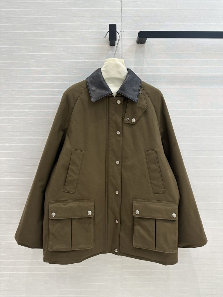 Olive-Green-Cotton-Blend-Jacket-with-Leather-Collar-and-Pock