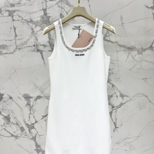 Miu-Miu-Women's-White-Tank-Dress-with-Crystal-Embellished-Ne
