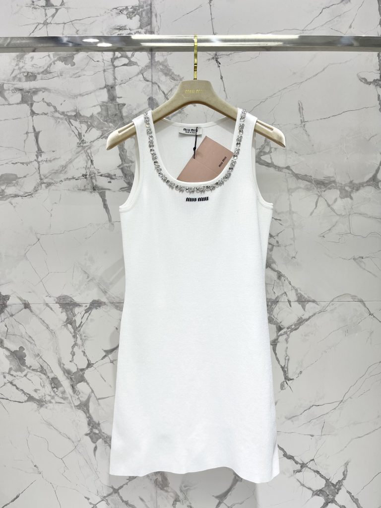 Miu-Miu-Women’s-White-Tank-Dress-with-Crystal-Embellished-Ne