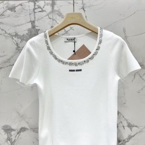 Miu-Miu-Women's-White-Beaded-Short-Sleeve-Top,-Made-in-Italy