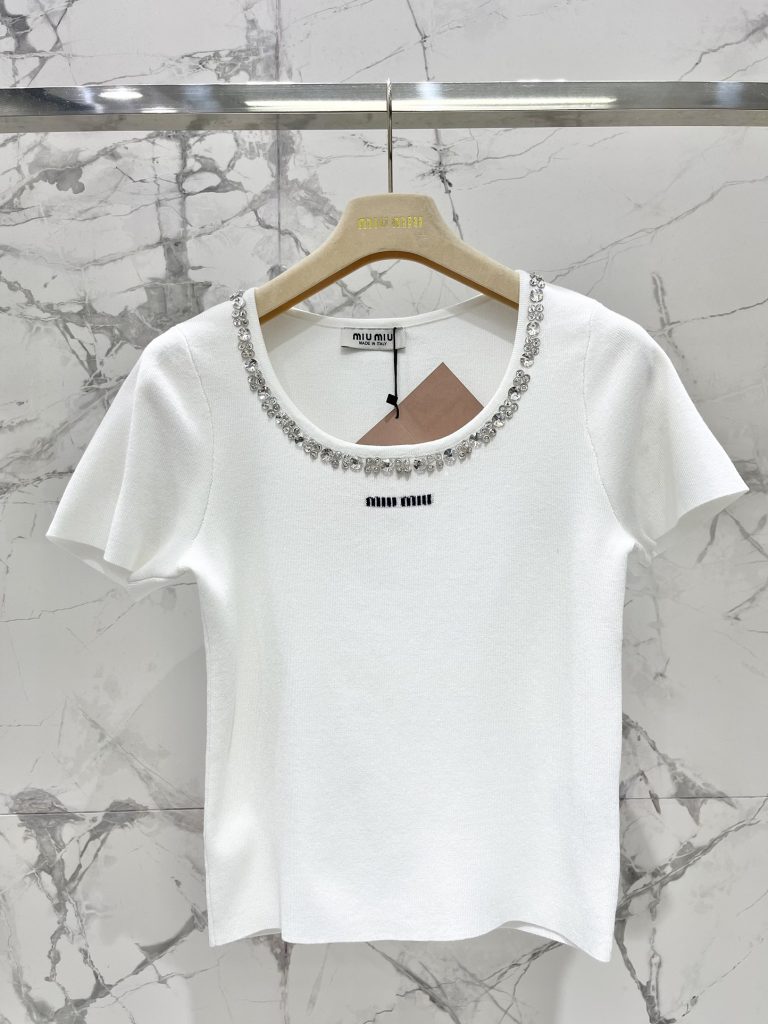 Miu-Miu-Women’s-White-Beaded-Short-Sleeve-Top,-Made-in-Italy
