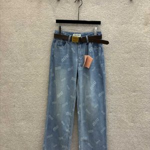 Miu-Miu-Light-Blue-Logo-Print-Denim-Pants-with-Brown-Belt
