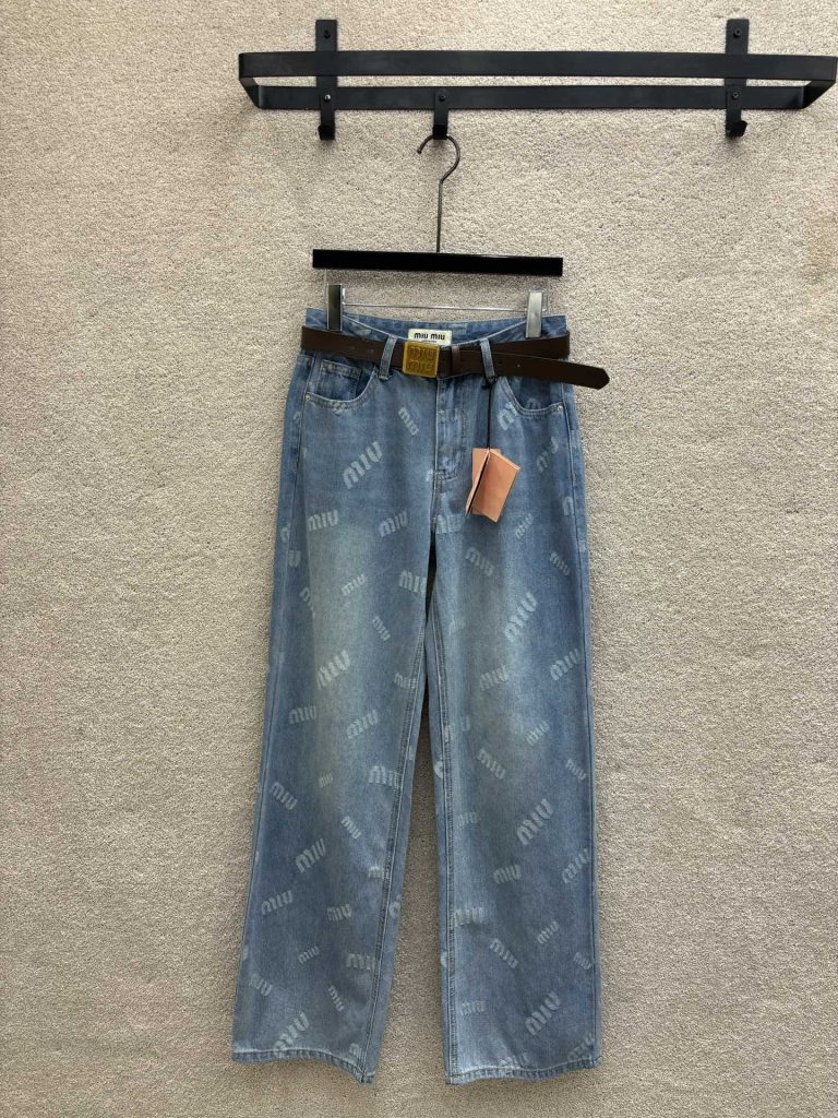 Miu-Miu-Light-Blue-Logo-Print-Denim-Pants-with-Brown-Belt