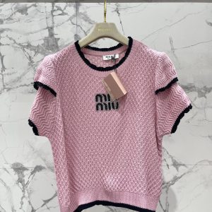 Miu-Miu-Women's-Pink-Knit-Top-with-Black-Trimmed-Edges