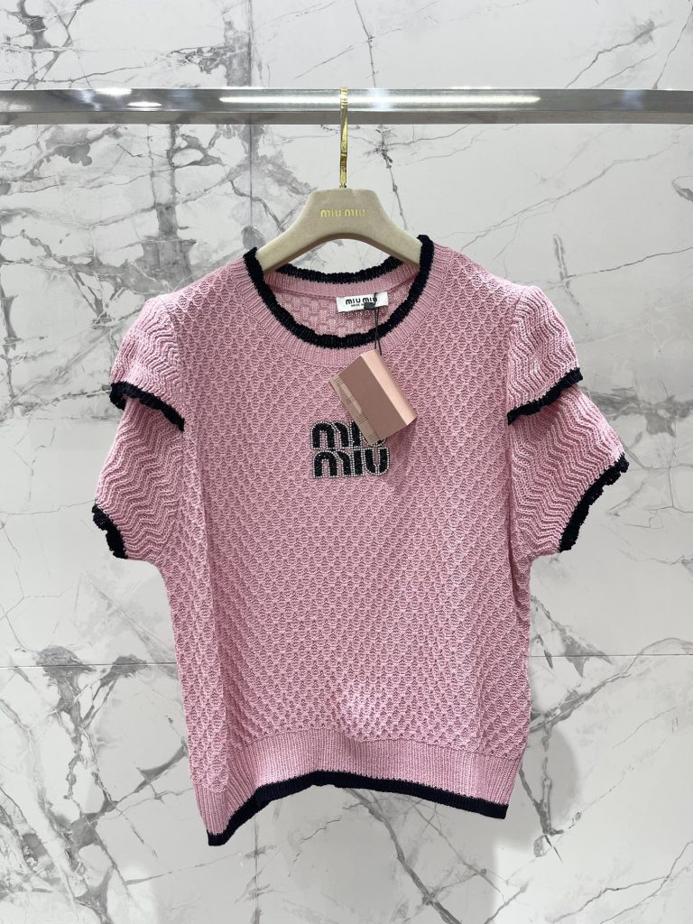 Miu-Miu-Women’s-Pink-Knit-Top-with-Black-Trimmed-Edges
