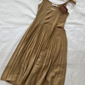 Miu-Miu-Tan-Pleated-Midi-Dress-in-Soft-Cotton-Blend