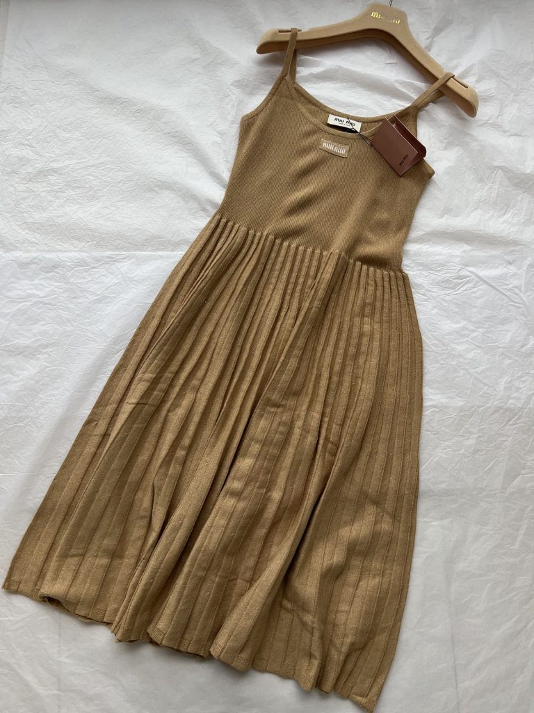 Miu-Miu-Tan-Pleated-Midi-Dress-in-Soft-Cotton-Blend