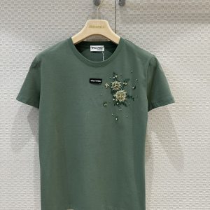 Miu-Miu-Green-Floral-Embellished-Cotton-T-Shirt-for-Women