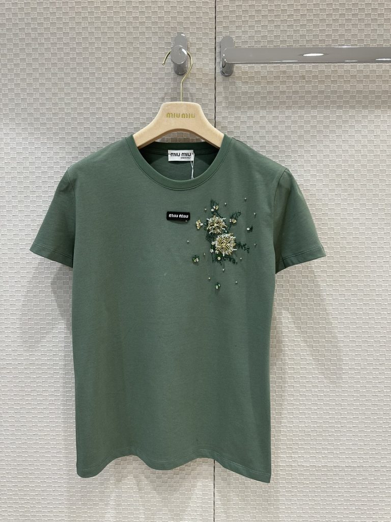 Miu-Miu-Green-Floral-Embellished-Cotton-T-Shirt-for-Women