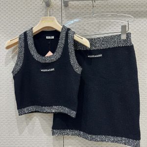 Miu-Miu-Black-Knit-Crop-Top-and-Skirt-Set-with-Glitter-Trim