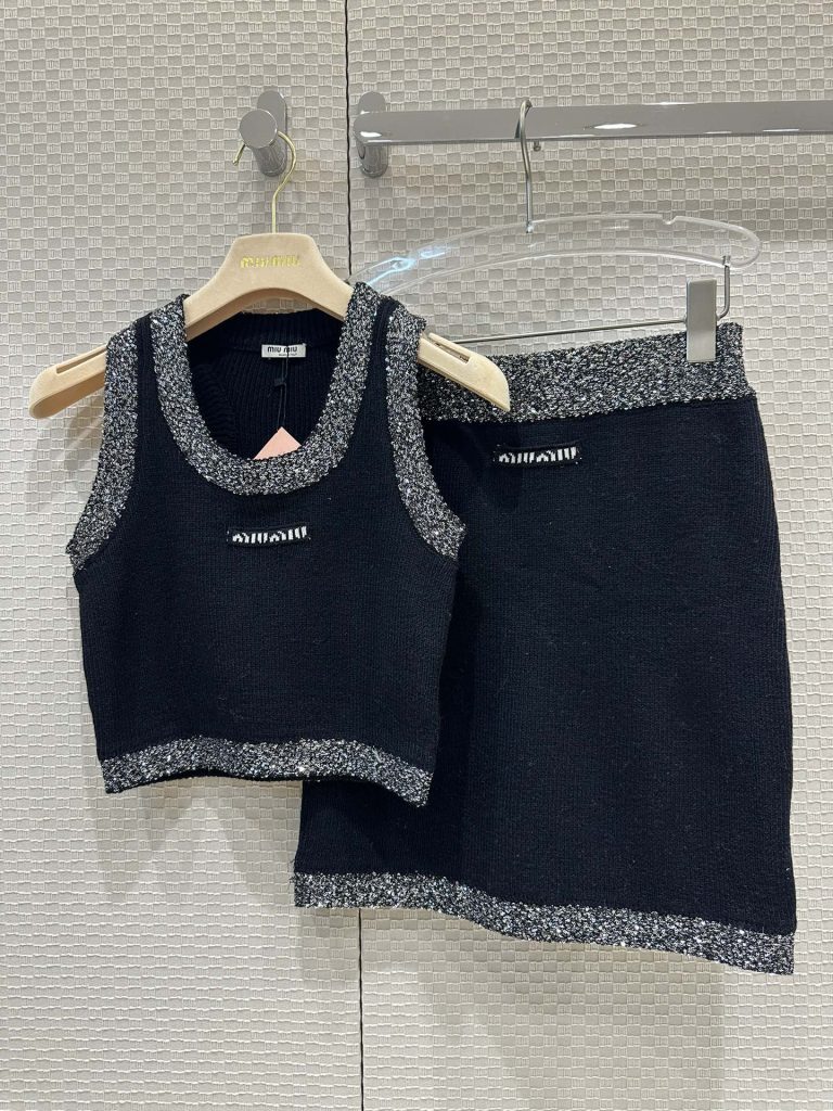 Miu-Miu-Black-Knit-Crop-Top-and-Skirt-Set-with-Glitter-Trim