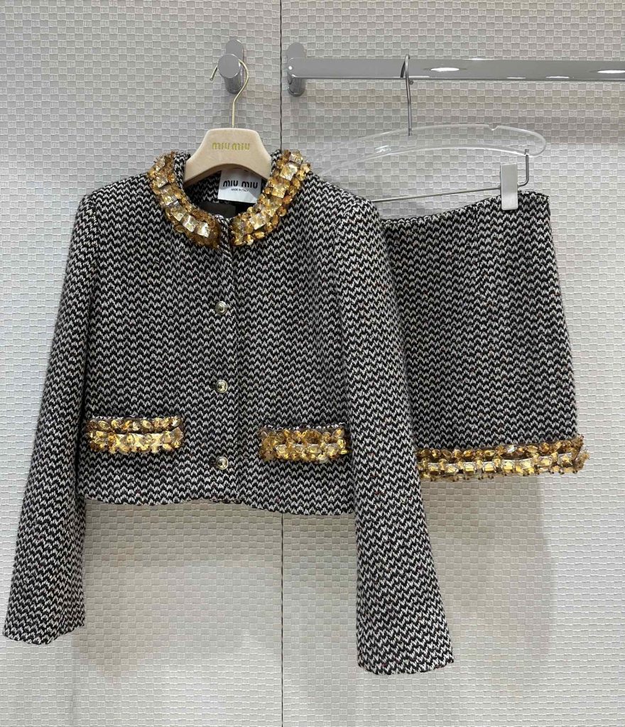 Miu-Miu-Black-and-Gold-Houndstooth-Jacket-and-Skirt-Set