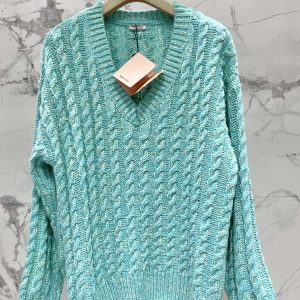 Miu-Miu-Women's-Turquoise-Cable-Knit-V-Neck-Sweater