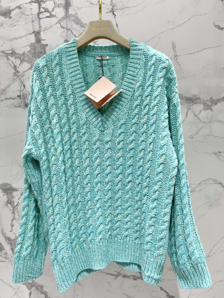 Miu-Miu-Women’s-Turquoise-Cable-Knit-V-Neck-Sweater
