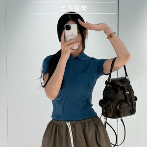 Miu-Miu-Ribbed-Blue-Polo-Dress-with-Beige-Skirt-and-Black-Ba