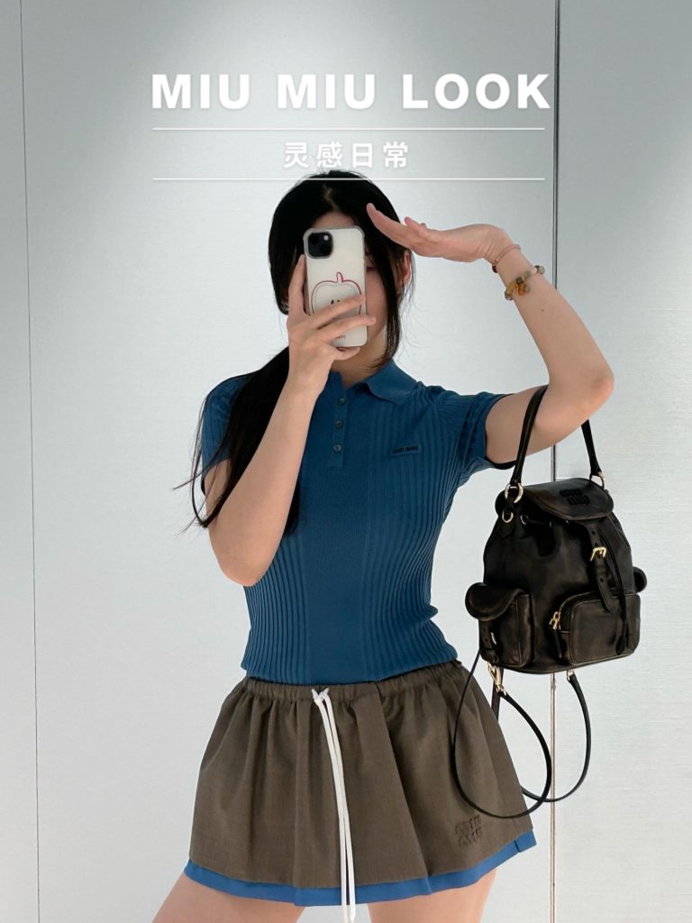 Miu-Miu-Ribbed-Blue-Polo-Dress-with-Beige-Skirt-and-Black-Ba