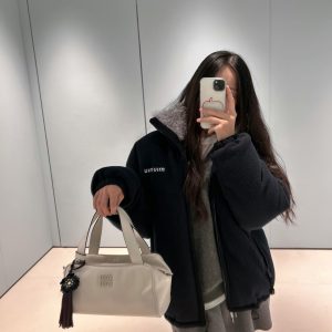 Women's-Faux-Fur-Lined-Black-Jacket-with-White-Handbag-Set